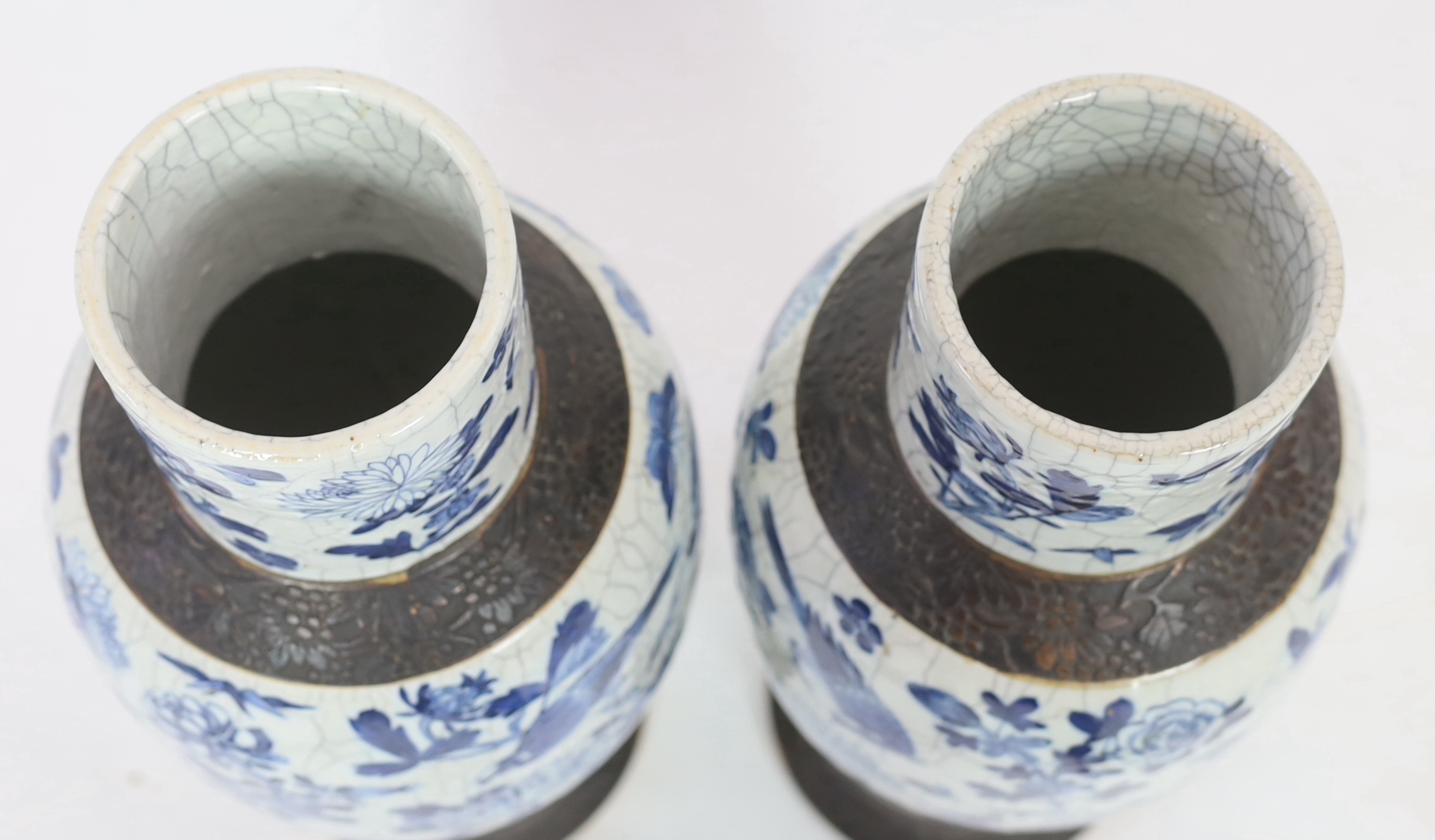 A pair of large Chinese blue and white crackle glaze vases and covers, late 19th century